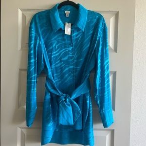 New With Tag River Island Blue Zebra Pattern Tie Waist Long Sleeve Blouse